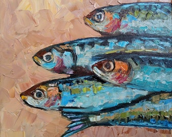 Original Sardine Oil Painting: 8x8 Kitchen Seafood Still Life