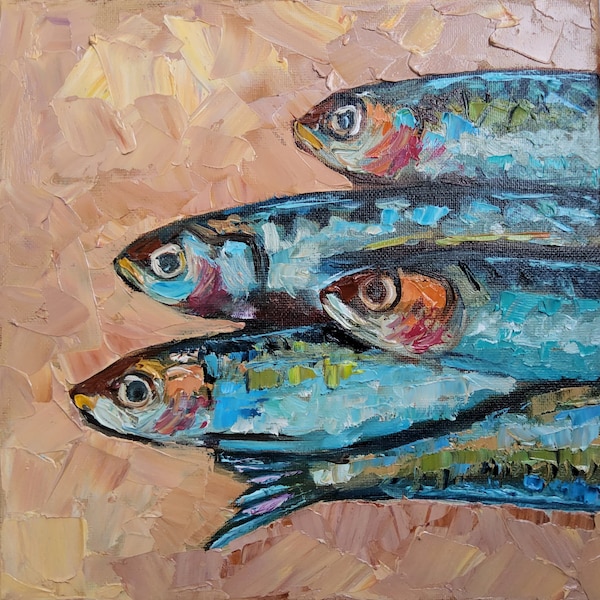 Sardine painting Fish Original art 8x8 kitchen wall art Sardines Small Oil Painting Food artwork Seafood still life TatianKoArt