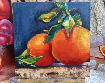 Orange, peinture fruit, art original, agrumes, toile, oeuvre d'art, nature morte, cuisine, art mural, nature morte rustique, 20 x 20 cm