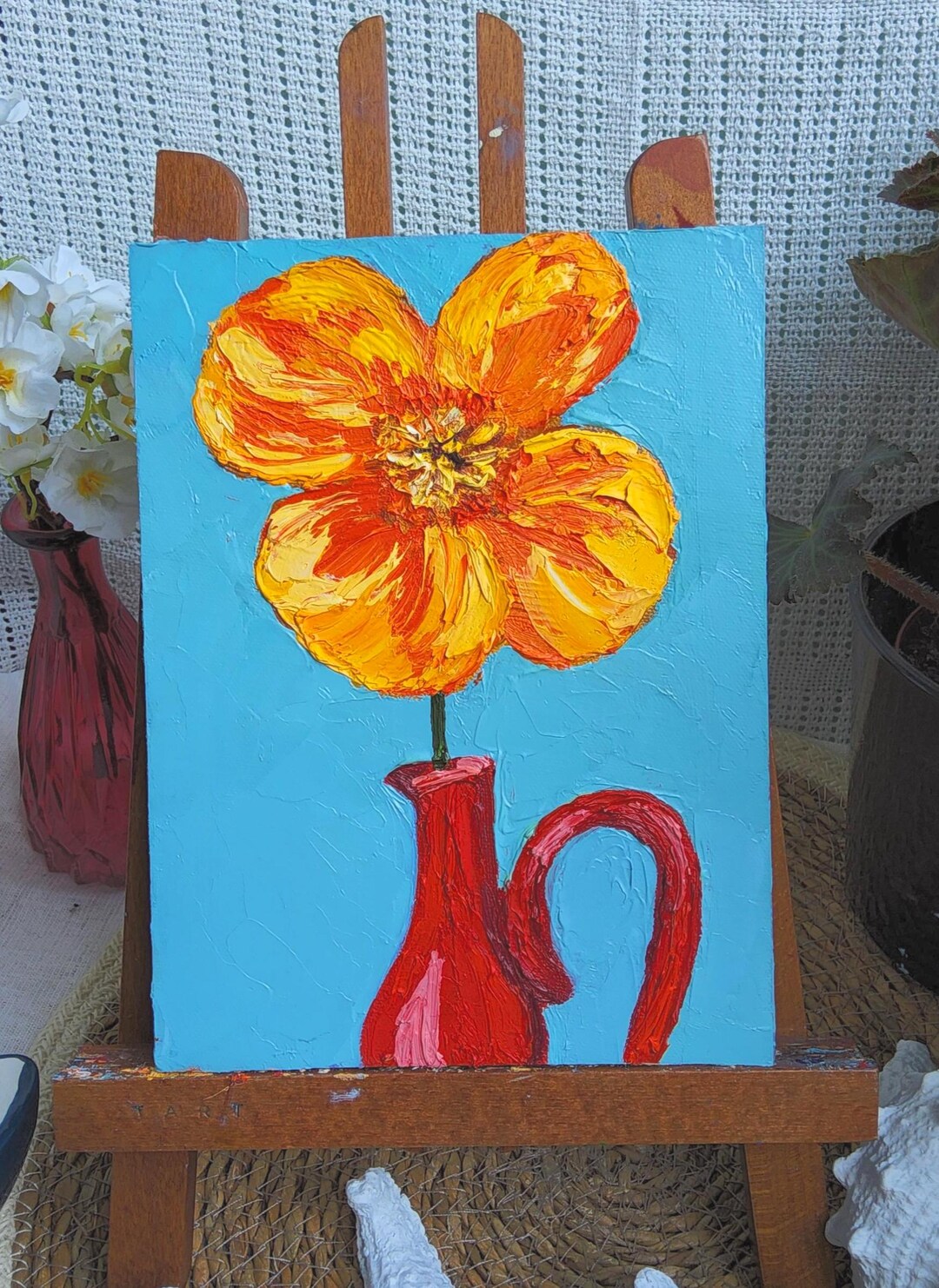 Orange Flower Oil Painting, Small Floral Wall Art, Original