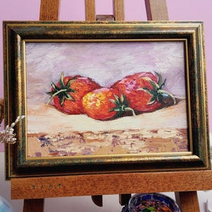 Strawberry painting original miniature art 5x7 Small still life oil painting fruit wall art strawberry décor minimalist kitchen art