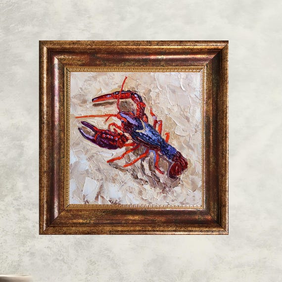 Crawfish Oil Painting: Small Still Life Seafood Art, Kitchen Decor by TatianKoArt