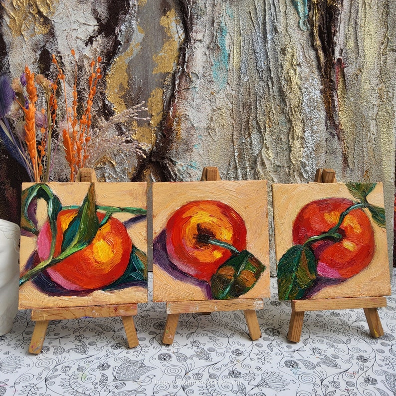 Clémentine nature morte peinture à l'huile 4 x 4 art miniature original oeuvre de fruits petite peinture agrumes art cuisine de campagne française image 8