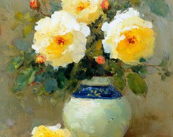 Cream Rose Oil Painting, Textured Floral Still Life in a Ceramic Vase by TatianKoArt