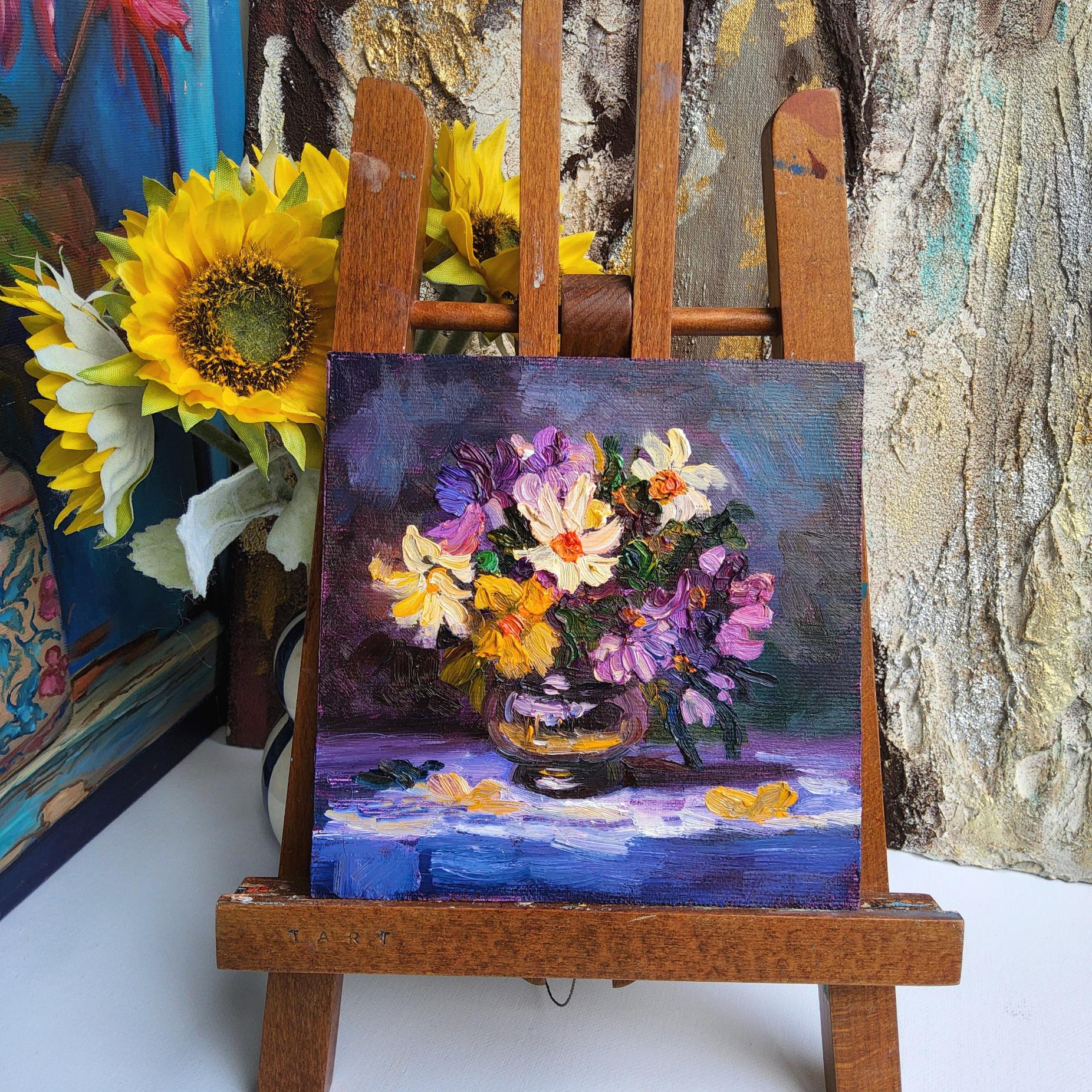 Petunia Oil Painting: Purple & Yellow Floral Still Life, Impasto