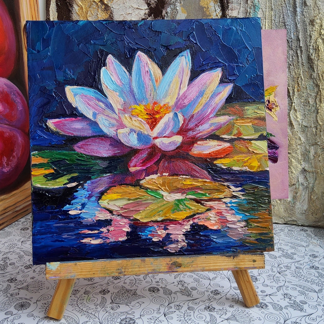 Blue Lotus Flower Painting 8x8 Impasto Oil Painting Water Lilies Art
