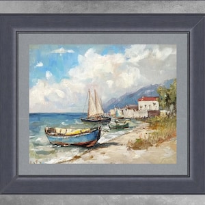 Seaside landscape with boats oil Painting Seascape Original wall decor Fine Art Beach Wall Art Nautical Ocean Artwork gift by TatianKoArt