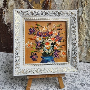 Pintura al óleo de margaritas, flores silvestres de pradera, 4x4, pintura empastada, pequeña pintura al óleo, flores silvestres y hierbas de verano de TatianKoArt.