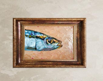 Fish Head Oil Painting Textured Sardine Art Mediterranean Kitchen Decor by TatianKoArt