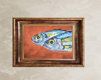 Head Sardine Impasto Oil Painting: Small Kitchen Still Life Art