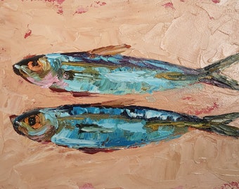 Sardines Oil Painting: Small Kitchen Still Life, Underwater Art