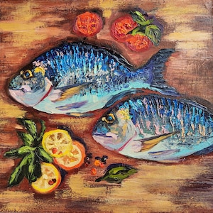 Pintura original de sardinas 8x8 Pintura al óleo de bodegón de sardinas Pintura pequeña arte de peces arte de cocina campestre Regalos personalizados de TatianKoArt