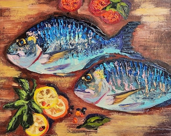 Sardine original painting 8x8 Sardine still life oil painting Small painting fish art country kitchen art Personalized Gifts by TatianKoArt