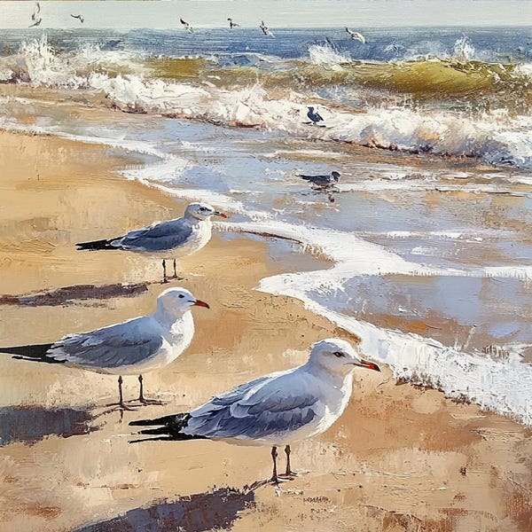 Seagulls Oil Painting: Original Beach Seascape Art (6x6)