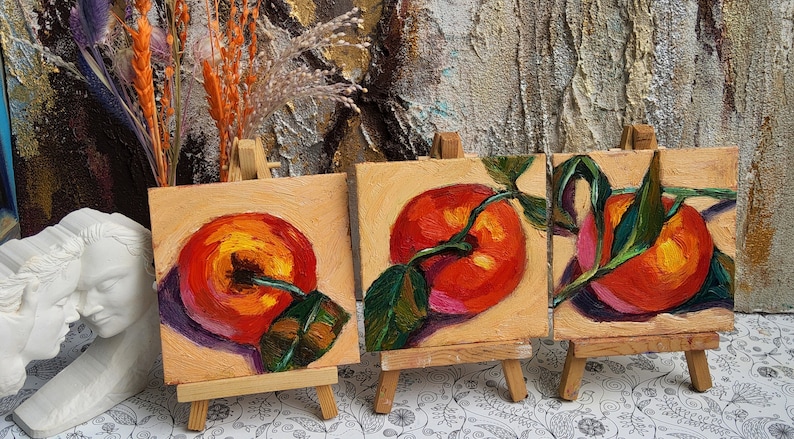 Clémentine nature morte peinture à l'huile 4 x 4 art miniature original oeuvre de fruits petite peinture agrumes art cuisine de campagne française image 9