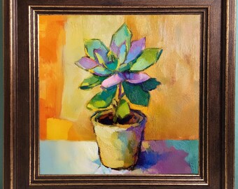 Succulent Oil Painting | Framed Botanical Wall Art | Modern Nature Decor for Living Office | Gift for Plant Lovers