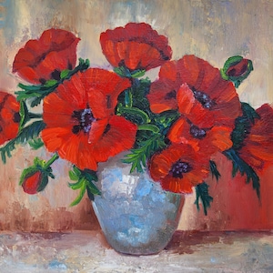 Klaproos schilderij originele kunst bloem olieverfschilderij stilleven impasto schilderij schilderij kunstwerk geboorte bloemen muur kunst verjaardagscadeau rode bloem