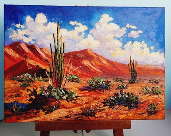 Saguaro Cactus Oil Painting: Desert Landscape Impasto Art (14x10 in)