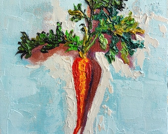 Carrot Still Life – Mini Impasto Oil Painting, Textured Kitchen Wall Art by TatianKoArt