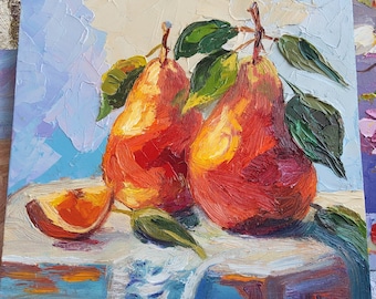 Peinture poire poire rouge art original 8 x 8 empâtement peinture fruit oeuvre petite peinture à l'huile art culinaire cuisine décoration murale par TatianKoArt