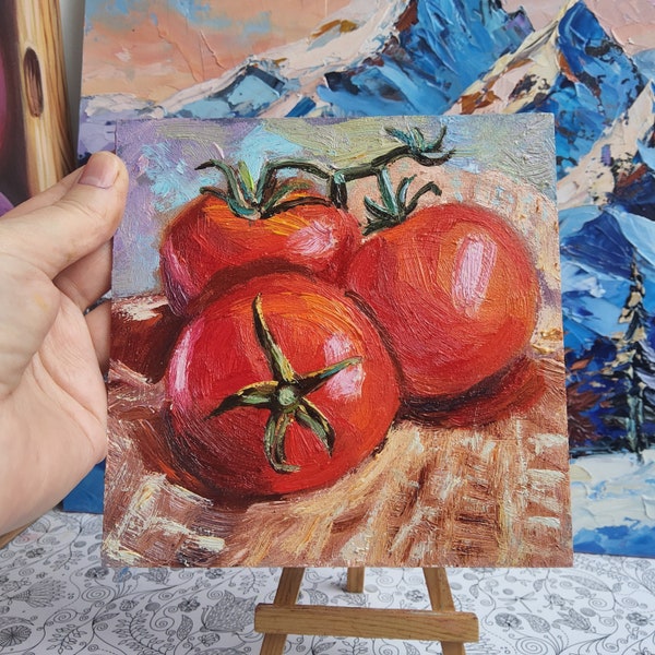 Tomate rojo Pintura Arte al óleo vegetal Cocina Arte original 6x6 Pintura pequeña Naturaleza muerta Pintura al óleo Impasto Comida Obra de arte por TatianKoArt