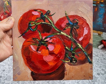 Tomato red oil Painting Kitchen Original Art 8x8 Small painting Vegetable Art Still Life Oil Painting Impasto Food Artwork TatianKoArt