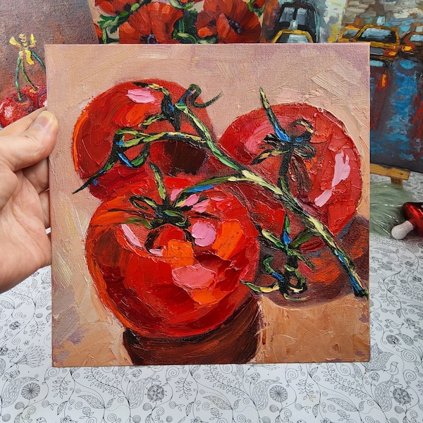 Tomato red oil Painting Kitchen Original Art 8x8 Small painting Vegetable Art Still Life Oil Painting Impasto Food Artwork TatianKoArt