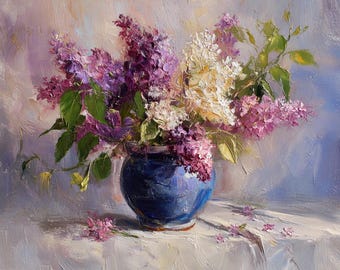 Lilac Flowers in Blue Vase | Original Oil Impasto Painting | Textured Floral Still Life Wall Art