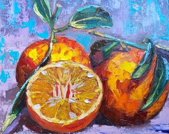 Orange Oil Painting: Citrus Still Life Kitchen Decor, 8x8 Original Art