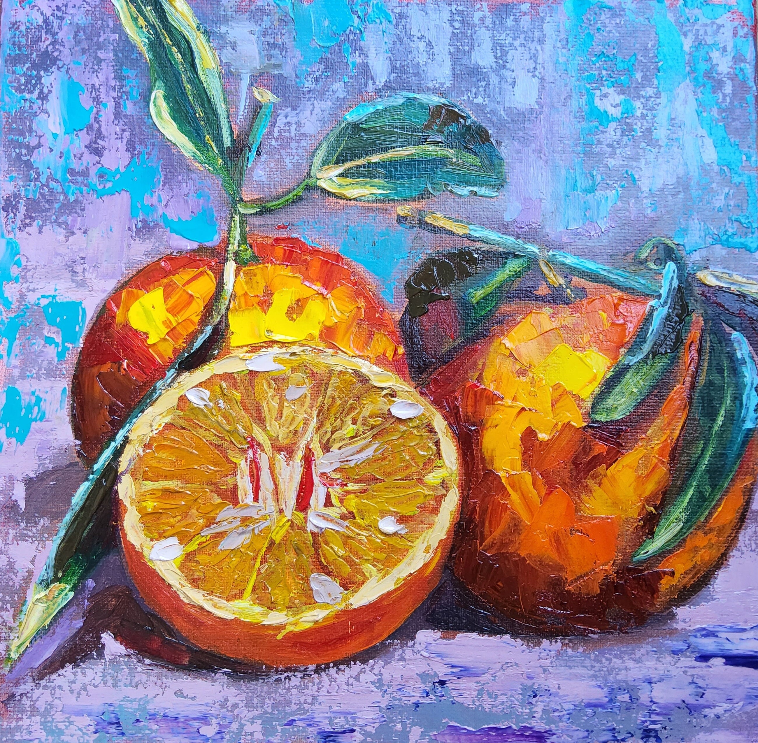 Orange Oil Painting: Citrus Still Life Kitchen Decor, 8x8 Original