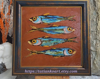 Sardine Oil Painting: Original Kitchen Wall Art, French Country Style