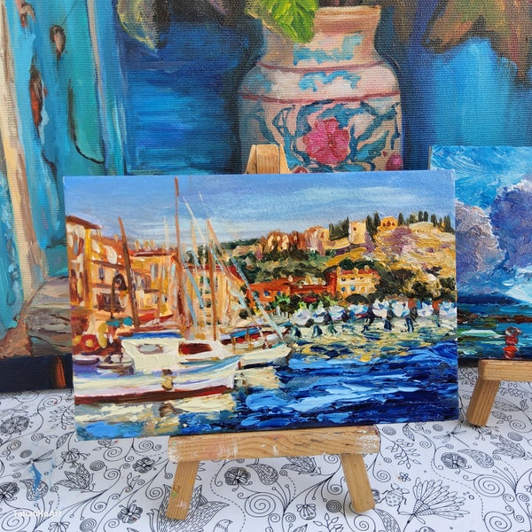 Cassis France Original Art 4x6 Impasto Miniature Oil Artwork French Riviera Fishing Port painting Gift for Travel Lovers Boat art