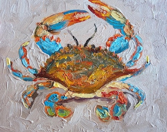 Crab oil painting Crab on sand top view art Blue crab original painting beach artwork seafood art Marine theme art Kitchen Wall Art Decor