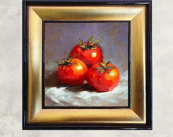 Tomatoes Painting Kitchen Original Art Impasto Oil Artwork by TatianKoArt