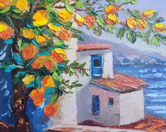 Peinture de citronnier à l'huile de Positano, art mural de citronnier, peinture de la côte amalfitaine, art paysage urbain italien, peinture de voyage, cadeau été, souvenir