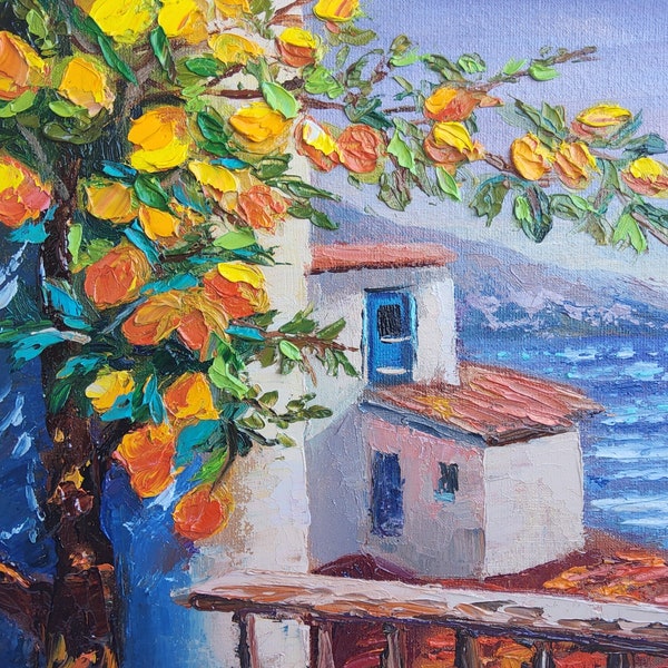 Peinture de citronnier à l'huile de Positano, art mural de citronnier, peinture de la côte amalfitaine, art paysage urbain italien, peinture de voyage, cadeau été, souvenir