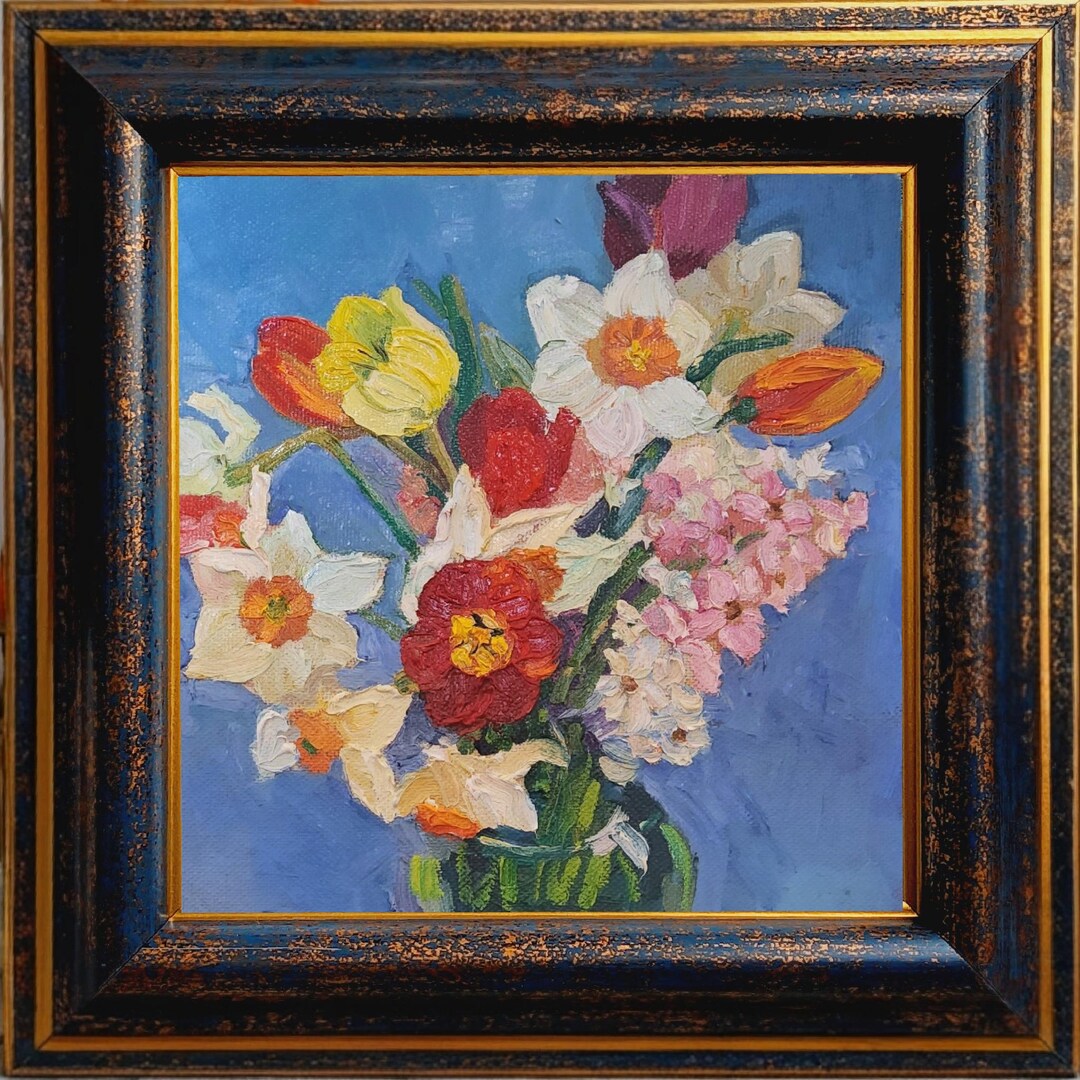 Daffodil Tulip Oil Painting, Spring Flower Bouquet, Impasto Floral Art ...