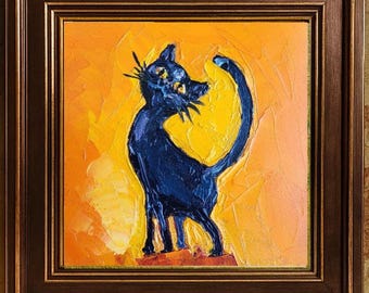 Proud Black Cat Oil Painting: Original Fine Art, Unique Pet Portrait (6x6)