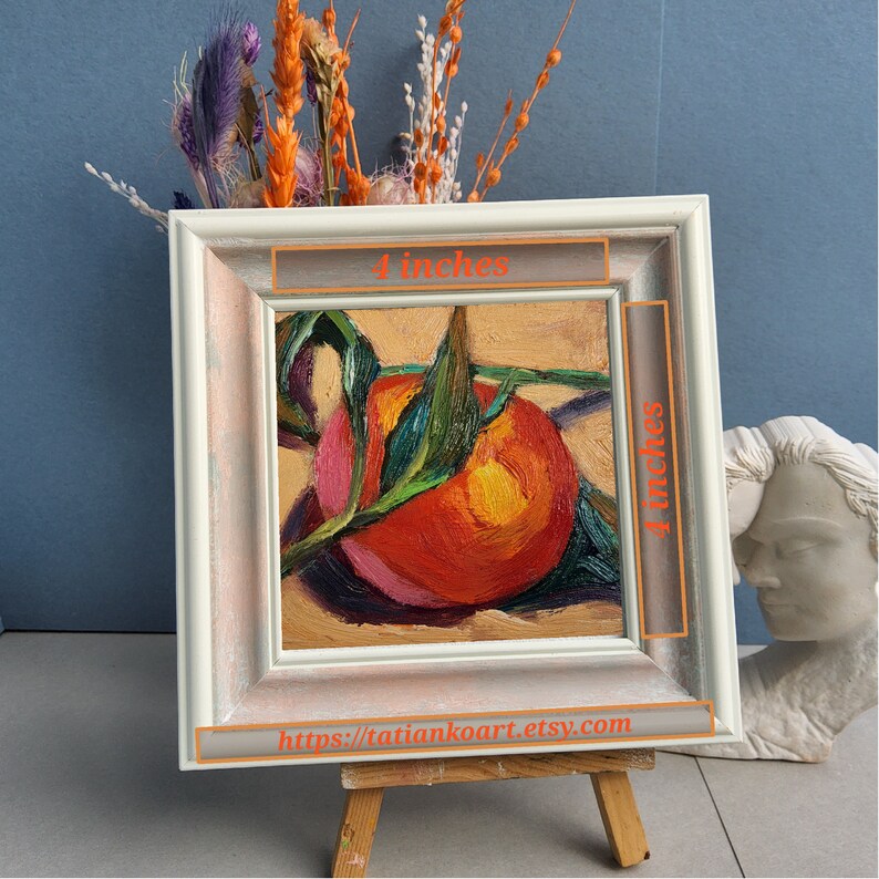 Clémentine nature morte peinture à l'huile 4 x 4 art miniature original oeuvre de fruits petite peinture agrumes art cuisine de campagne française 4x4 WhitePeach frame