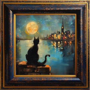 May include: A framed painting shows a black cat silhouetted against a moonlit cityscape. The cat sits on a brick surface, gazing at the moon and the city lights reflected in the water. The frame is dark blue with gold accents.
