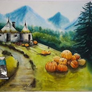 Mountain Painting Original Art landscape Watercolor Painting Old barn painting Pumpkin painting inspirational art