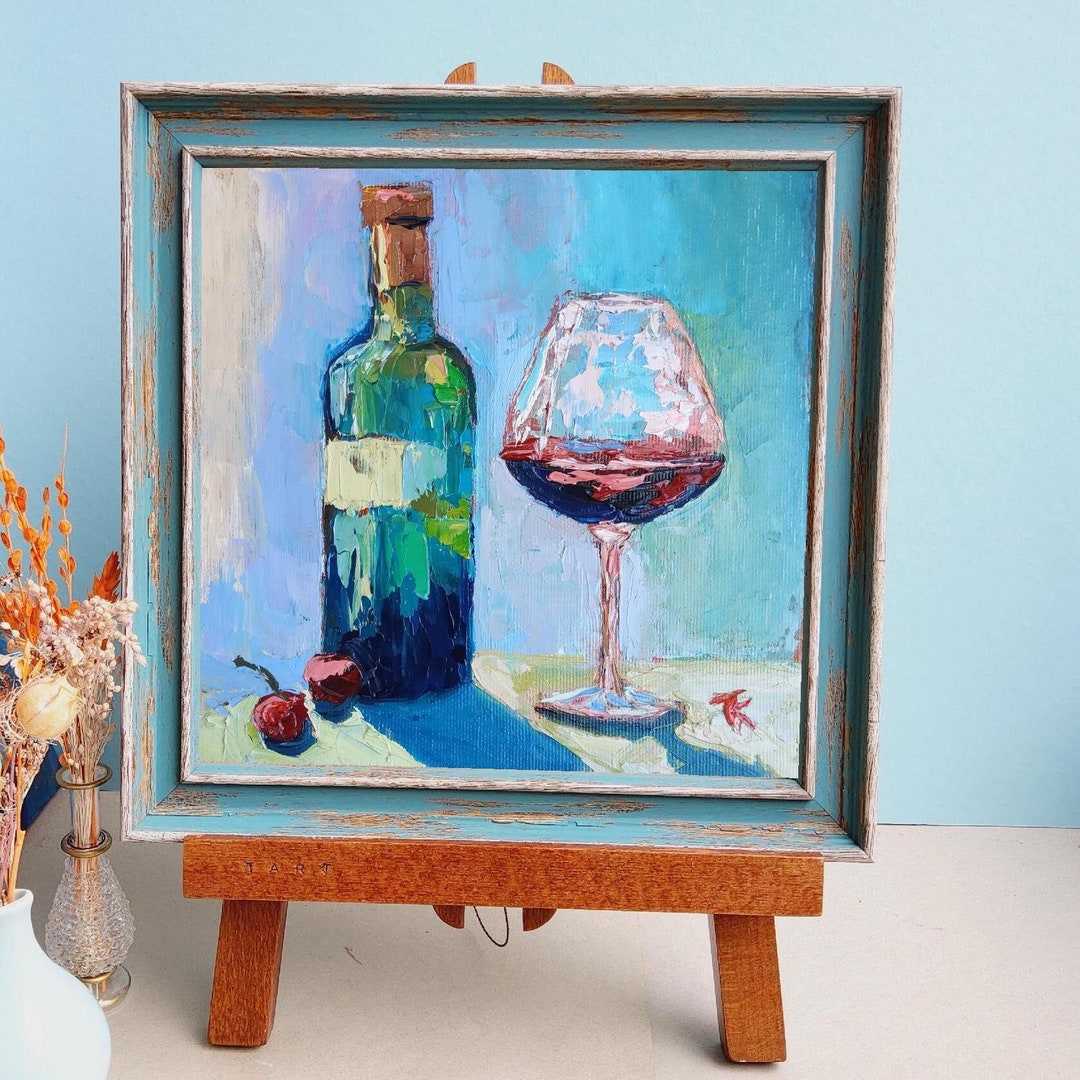 Wine Still Life Oil Painting: Impressionistic Home Bar Art (8x8 Inches ...