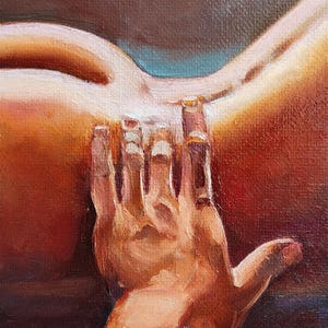 Female body and male hand original oil painting Figurative woman Fine Art for Modern Interior by TatianKoArt