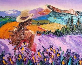 Lavender Field Oil Painting: Woman in Landscape, Impasto Art (8x8)