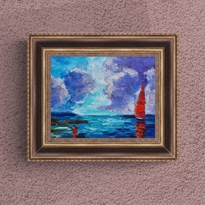 Sailboat Painting Seascape Original Art Colorful Impasto Boat Oil Artwork Small Boat Textured Art 4x6 Gift for lovers of the sea TatianKoArt
