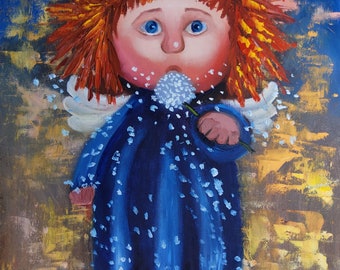 Angel Oil Painting Gift Angel on Canvas Kids Room Décor 10x12 inches.