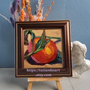 Clémentine nature morte peinture à l'huile 4 x 4 art miniature original oeuvre de fruits petite peinture agrumes art cuisine de campagne française 4x4 brown frame