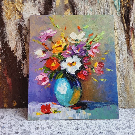 絵画 Oil painting of beautiful flowers. Daisy Cosmea Flower Painting 10x12 Original Art Flower