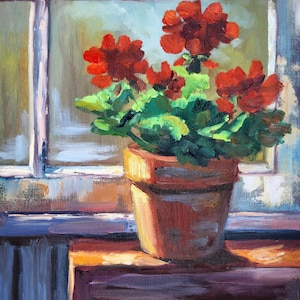 Red Geranium in Pot — Original Oil Painting on Canvas by TatianKoArt | Sunlit Window Still Life Artwork