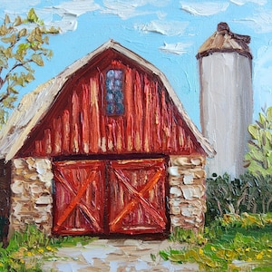 Old Red barn painting Original Art landscape Oil Painting Farmhouse Rustic Wall Deco Gift by TatianKoArt